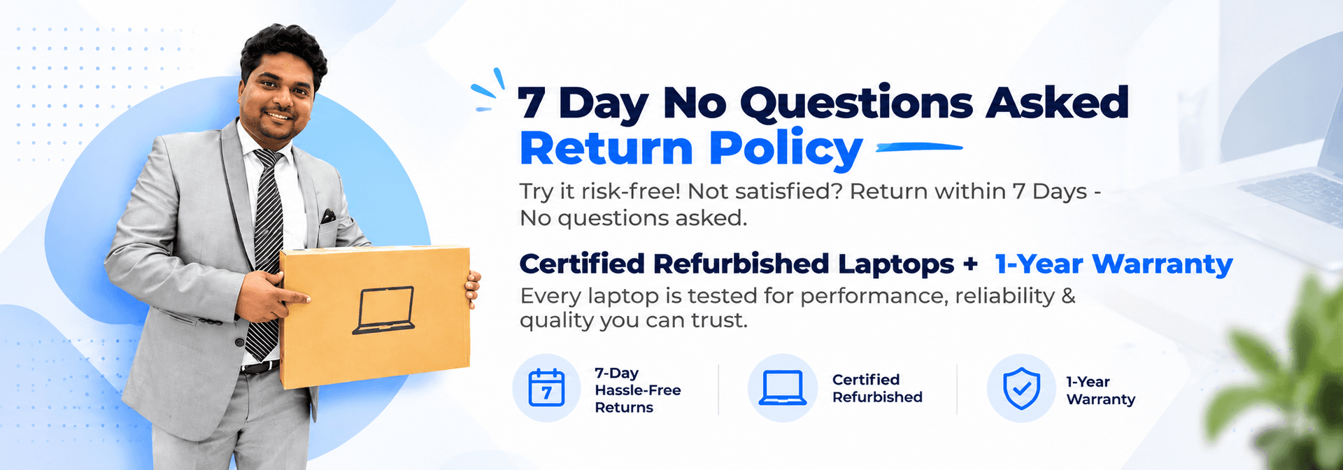 7-Day No Questions Asked Return Policy - Certified Refurbished Laptops + 1-Year Warranty